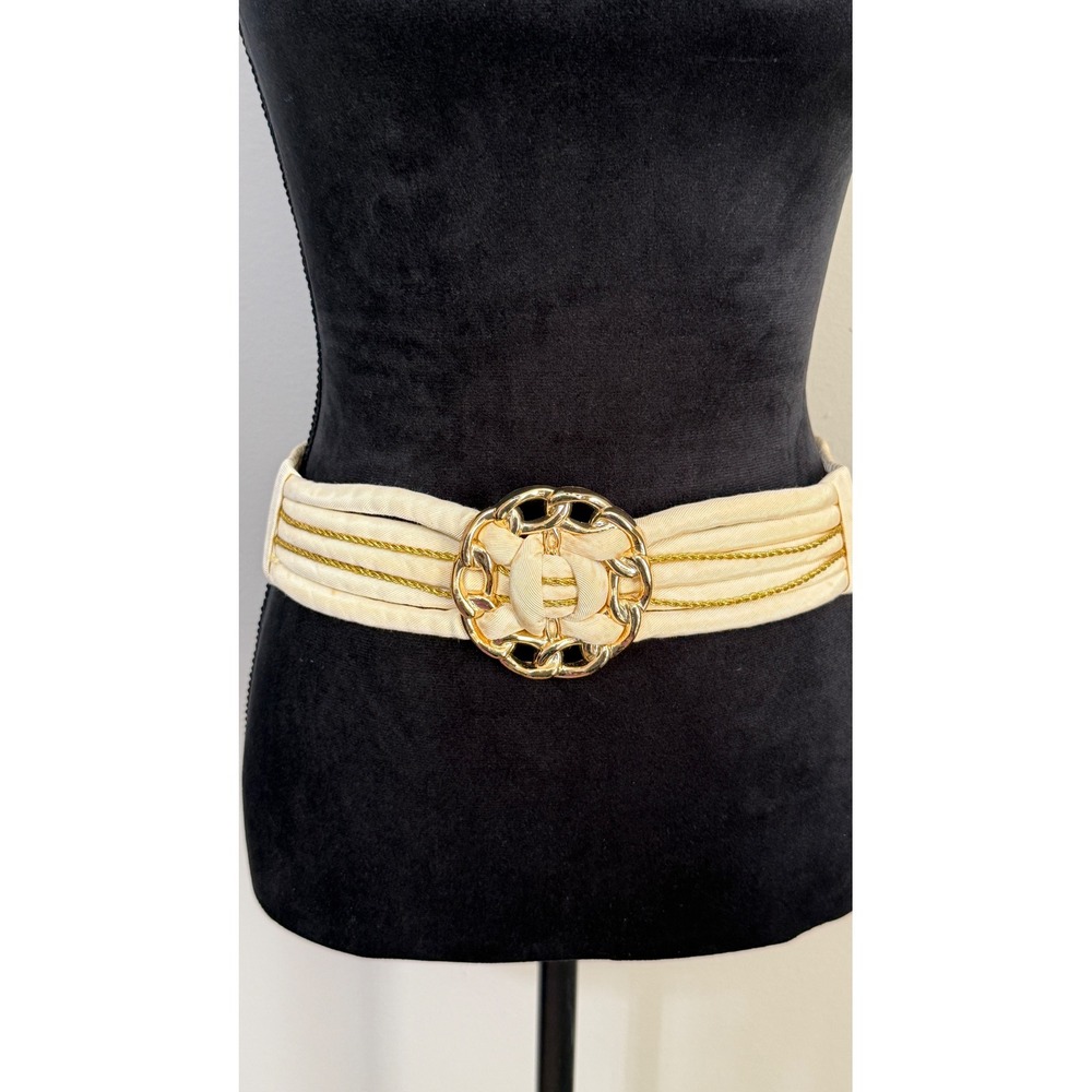 Vintage Cream Fabric Gold Buckle Elastic Cinch Waist Belt Taiwan